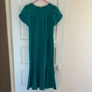 NWT Calvin Klein Teal Midi Tulip Dress with Puff Cap Sleeves, size 6